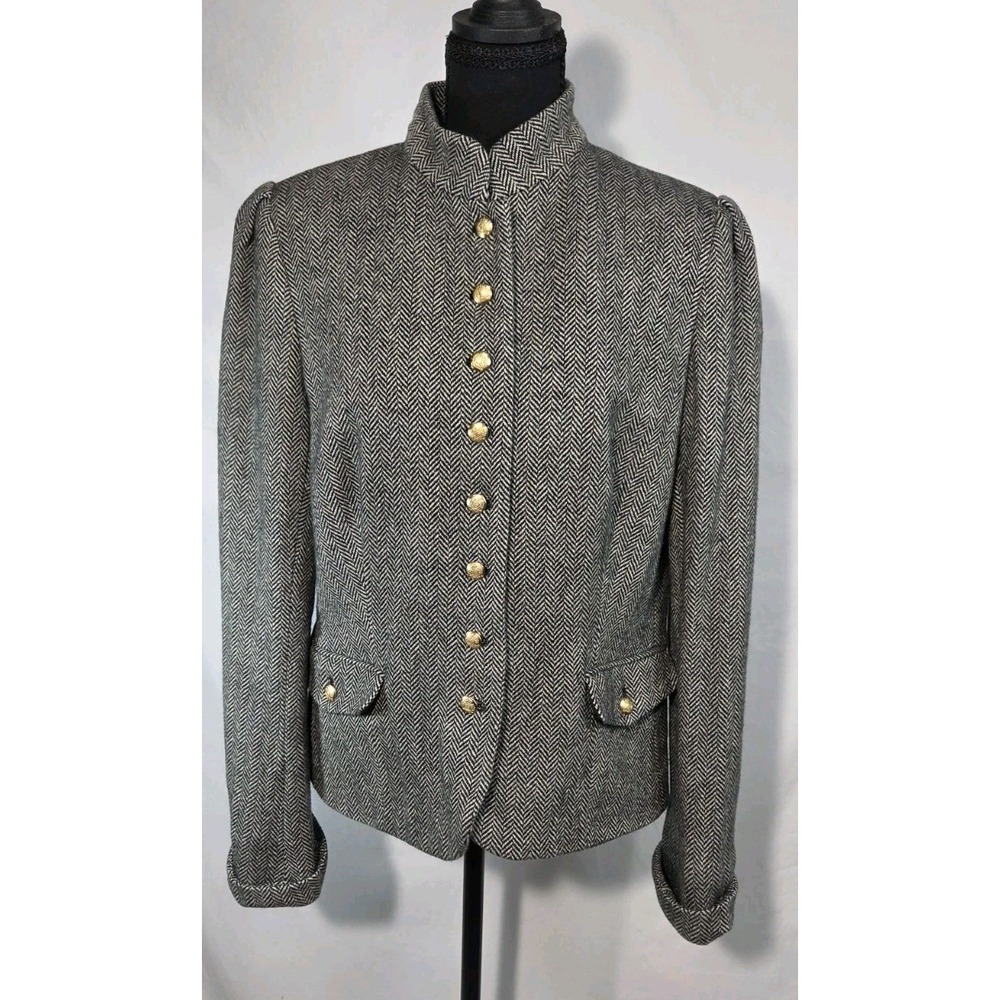 Chaps Blazer Jacket Women XL Black Beige Herringbone Wool Blend Good Equestrian